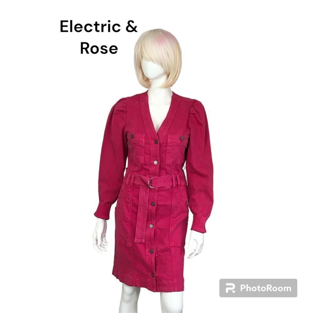 NEW Electric & Rose Morgan Vintage Magenta Denim Belted Mini Shirt Dress S